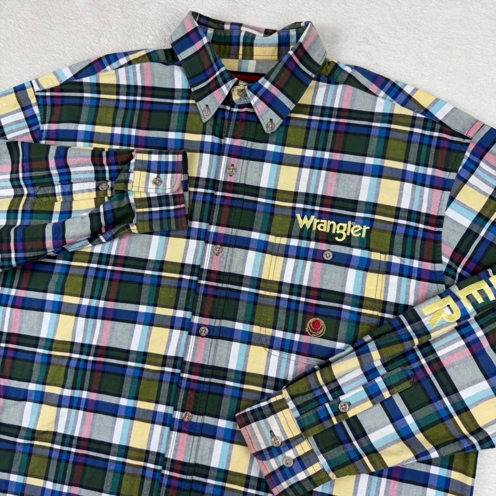 Vintage Wrangler Twenty X Mens Plaid Button Down Shirt Multicolor Embroidered XL